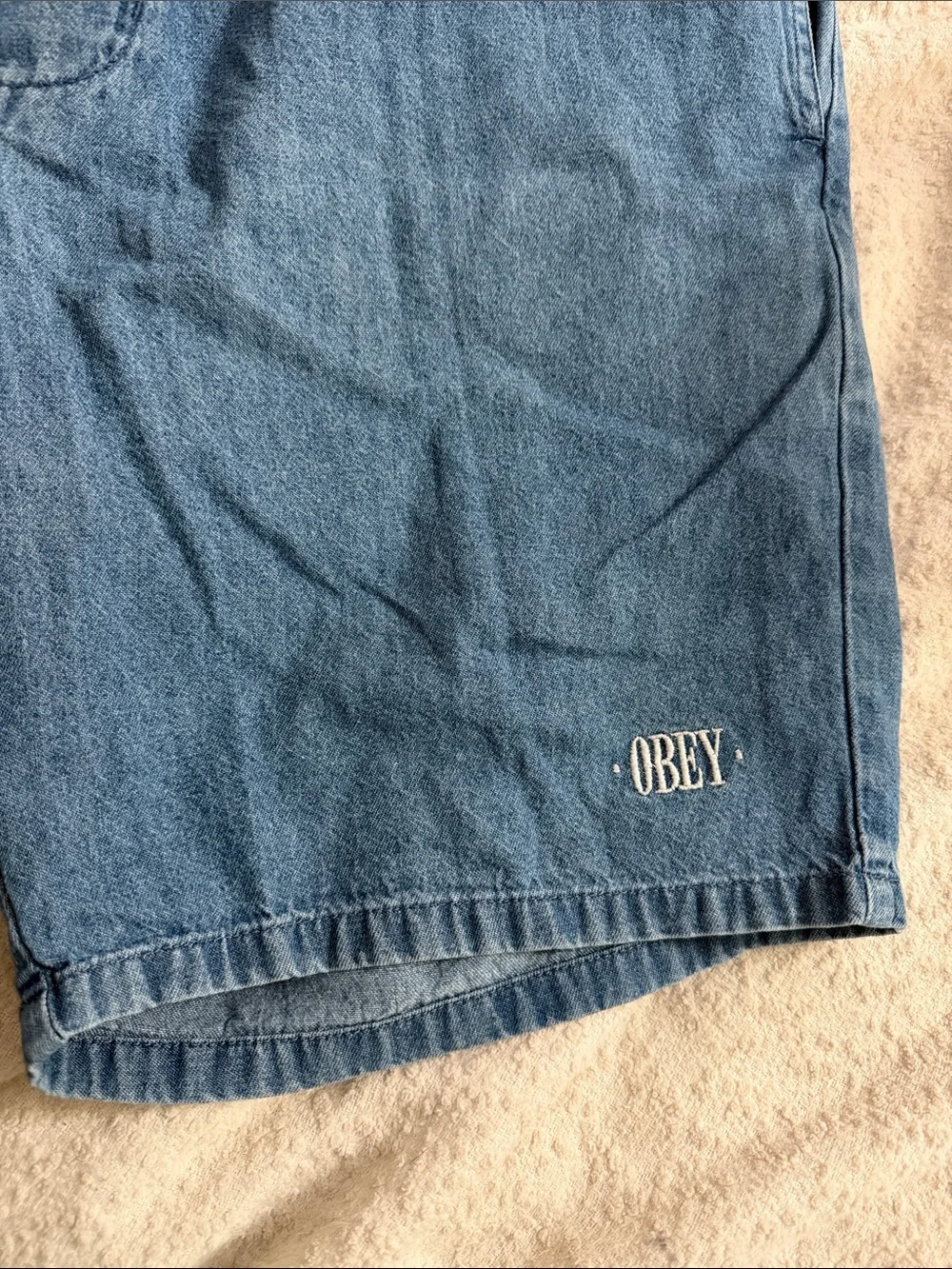 Obey chambray denim lightweight elastic waist drawstring shorts medium